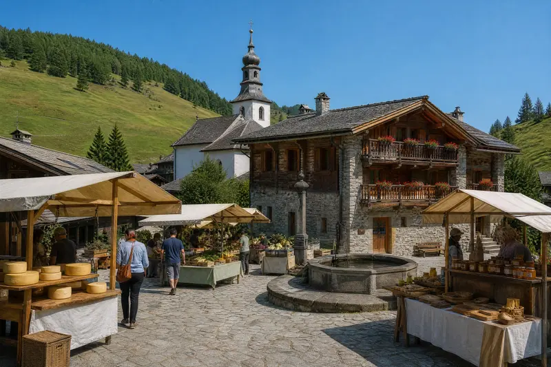 Étals du marché sur la place du village : meules de fromage, légumes, pots de miel et pain, sous des auvents de toile.
