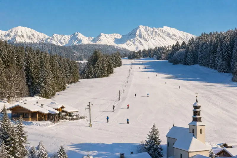 Le petit domaine skiable au-dessus du village : un téléski, des pistes douces bordées de sapins et quelques skieurs.