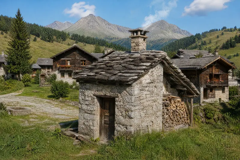 Le four banal des Granges, en pierre, sous son toit de lauzes, avec une pile de bois.