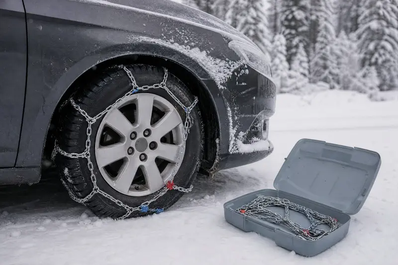 Roue avant d'une voiture équipée d'une chaîne à neige métallique, sur une route enneigée ; à côté, une seconde chaîne dans sa boîte ouverte.