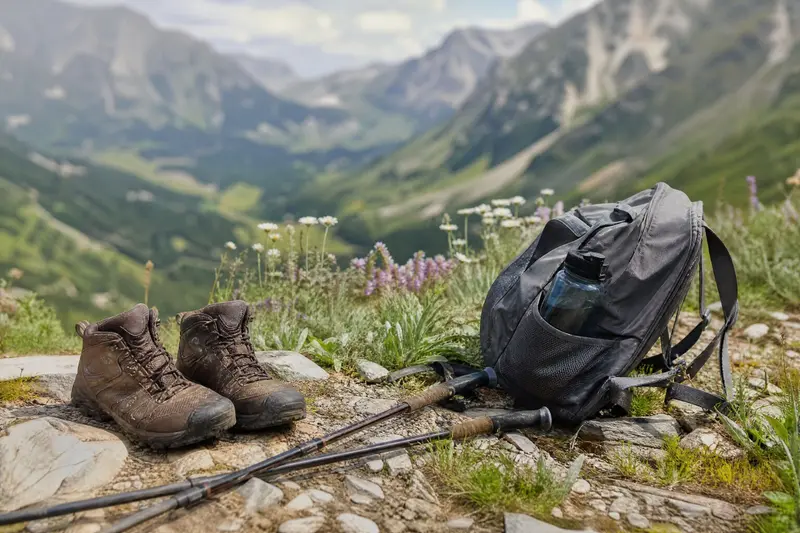Une paire de chaussures de randonnée en cuir, deux bâtons et un sac à dos avec une gourde posés au bord d'un sentier fleuri, une vallée verte en arrière-plan.